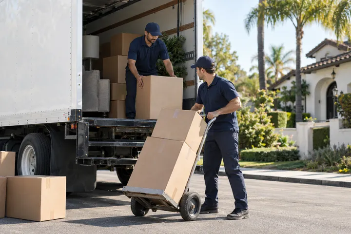 A moving crew unloading a box truck