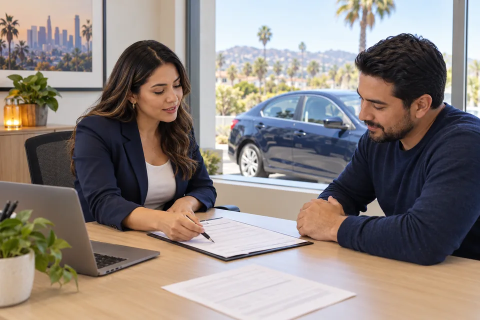 Advisor and driver reviewing paperwork together